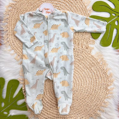 Macacão em Soft com Abertura em Zíper Dinossauros - Verde